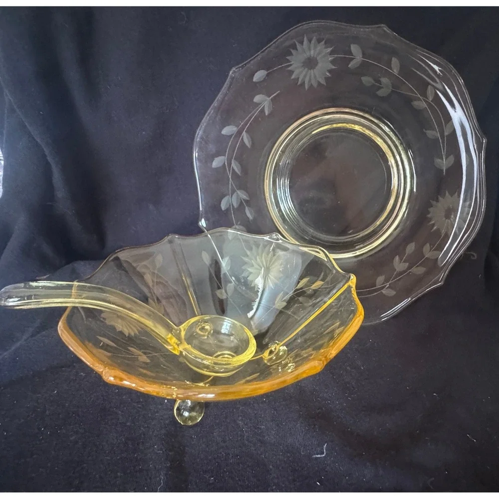 Vintage Yellow Depression Glass Etched Floral Bowl Underplate Ladle Set  MCM